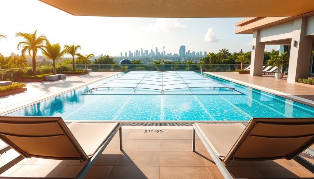 A serene outdoor pool area in Maringá, showcasing a modern pool coverage structure. In the foreground, elegant poolside loungers are positioned neatly, emphasizing comfort and relaxation. The middle ground features a transparent, retractable pool cover, reflecting sunlight and creating a safe, clean environment for swimming. The pool water glistens under bright daylight, surrounded by lush greenery and tasteful landscaping. In the background, the vibrant city skyline of Maringá is visible, adding a touch of urban charm to the scene. The atmosphere is tranquil and inviting, evoking a sense of leisure and sophistication. Soft, natural lighting enhances the colors, capturing the essence of a perfect day by the pool. A serene outdoor pool area in Maringá, showcasing a modern pool coverage structure. In the foreground, elegant poolside loungers are positioned neatly, emphasizing comfort and relaxation. The middle ground features a transparent, retractable pool cover, reflecting sunlight and creating a safe, clean environment for swimming. The pool water glistens under bright daylight, surrounded by lush greenery and tasteful landscaping. In the background, the vibrant city skyline of Maringá is visible, adding a touch of urban charm to the scene. The atmosphere is tranquil and inviting, evoking a sense of leisure and sophistication. Soft, natural lighting enhances the colors, capturing the essence of a perfect day by the pool.