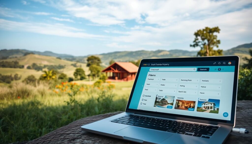 A serene rural scene showcasing an advanced search interface for finding the ideal countryside property, specifically a chácara in the Maringá region. In the foreground, display a sleek laptop or tablet with a user-friendly search platform open, highlighting filters for amenities like swimming pools, gardens, and proximity to nature. The middle ground features a picturesque chácara with a charming wooden house surrounded by lush greenery and vibrant flowers. In the background, gentle rolling hills and a clear blue sky with soft, diffused sunlight create a tranquil atmosphere. The mood should evoke a sense of peace and possibility, ideal for families seeking leisure properties in nature. Use a wide-angle lens effect to enhance the picturesque landscape, ensuring a harmonious composition that invites exploration and discovery. A serene rural scene showcasing an advanced search interface for finding the ideal countryside property, specifically a chácara in the Maringá region. In the foreground, display a sleek laptop or tablet with a user-friendly search platform open, highlighting filters for amenities like swimming pools, gardens, and proximity to nature. The middle ground features a picturesque chácara with a charming wooden house surrounded by lush greenery and vibrant flowers. In the background, gentle rolling hills and a clear blue sky with soft, diffused sunlight create a tranquil atmosphere. The mood should evoke a sense of peace and possibility, ideal for families seeking leisure properties in nature. Use a wide-angle lens effect to enhance the picturesque landscape, ensuring a harmonious composition that invites exploration and discovery.