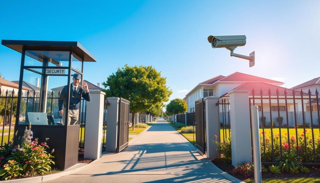 A serene scene depicting the entrance of a gated community, emphasizing security and tranquility. In the foreground, a well-maintained security booth with a friendly guard, wearing a professional uniform, monitors activity. The middle showcases a beautifully landscaped pathway, bordered by lush greenery and flowering plants, leading to elegant houses with modern designs. A sleek security camera can be seen mounted nearby, highlighting advanced surveillance technology. In the background, a clear blue sky enhances the idyllic atmosphere, casting soft, warm sunlight on the scene. The composition evokes a sense of safety and community, inviting viewers to reflect on the importance of security in residential living environments. A serene scene depicting the entrance of a gated community, emphasizing security and tranquility. In the foreground, a well-maintained security booth with a friendly guard, wearing a professional uniform, monitors activity. The middle showcases a beautifully landscaped pathway, bordered by lush greenery and flowering plants, leading to elegant houses with modern designs. A sleek security camera can be seen mounted nearby, highlighting advanced surveillance technology. In the background, a clear blue sky enhances the idyllic atmosphere, casting soft, warm sunlight on the scene. The composition evokes a sense of safety and community, inviting viewers to reflect on the importance of security in residential living environments.