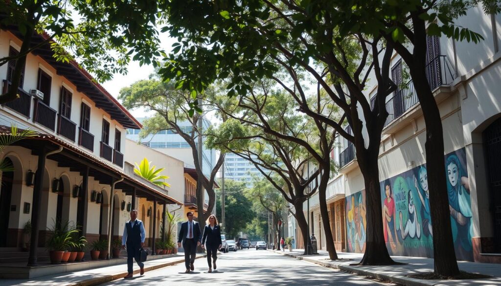 A serene street scene depicting Vila Operária in Maringá, Brazil, showcasing a blend of vintage and contemporary architecture. In the foreground, feature well-preserved colonial-style houses with inviting façades adorned with tropical plants. Include individuals dressed in professional business attire walking leisurely, reflecting the area's historical working-class roots. The middle ground reveals a narrow street lined with trees, punctuated by colorful murals that symbolize the neighborhood's evolution. In the background, capture modern buildings that highlight the area's gentrification while maintaining a harmonious aesthetic. Soft, natural daylight filters through the leaves, creating dappled shadows, while a slight depth of field gives a gentle focus to the scene, evoking a nostalgic yet vibrant atmosphere. A serene street scene depicting Vila Operária in Maringá, Brazil, showcasing a blend of vintage and contemporary architecture. In the foreground, feature well-preserved colonial-style houses with inviting façades adorned with tropical plants. Include individuals dressed in professional business attire walking leisurely, reflecting the area's historical working-class roots. The middle ground reveals a narrow street lined with trees, punctuated by colorful murals that symbolize the neighborhood's evolution. In the background, capture modern buildings that highlight the area's gentrification while maintaining a harmonious aesthetic. Soft, natural daylight filters through the leaves, creating dappled shadows, while a slight depth of field gives a gentle focus to the scene, evoking a nostalgic yet vibrant atmosphere.