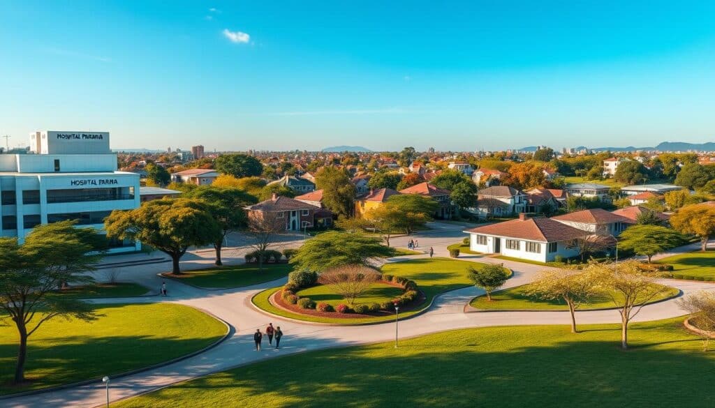 A serene urban landscape in Maringá featuring modern hospitals, specifically the Hospital Paraná and Santa Casa, in the foreground. In the middle ground, show well-maintained green parks with families enjoying their day, emphasizing the community atmosphere. In the background, capture friendly residential neighborhoods with inviting houses, framed by blooming trees under a clear blue sky. Utilize soft, natural lighting to create a warm, welcoming vibe, and choose a wide-angle lens perspective to showcase the communal environment. The mood should be peaceful and family-oriented, highlighting the importance of proximity to healthcare services while avoiding any human subjects in professional attire for a polished, inclusive look. A serene urban landscape in Maringá featuring modern hospitals, specifically the Hospital Paraná and Santa Casa, in the foreground. In the middle ground, show well-maintained green parks with families enjoying their day, emphasizing the community atmosphere. In the background, capture friendly residential neighborhoods with inviting houses, framed by blooming trees under a clear blue sky. Utilize soft, natural lighting to create a warm, welcoming vibe, and choose a wide-angle lens perspective to showcase the communal environment. The mood should be peaceful and family-oriented, highlighting the importance of proximity to healthcare services while avoiding any human subjects in professional attire for a polished, inclusive look.