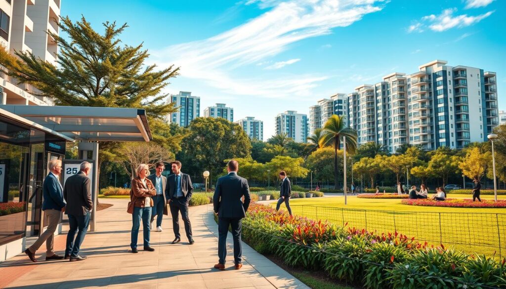 A serene urban landscape showcasing the "região acesso bem-estar." In the foreground, a diverse group of professionals dressed in business attire is engaged in conversation near a modern bus stop, symbolizing efficient public transport. The middle ground features a vibrant park with families enjoying recreational activities, emphasizing a community-centric environment. Lush greenery and colorful flower beds enhance the area, creating a welcoming atmosphere. In the background, contemporary residential buildings with energy-efficient designs rise against a clear blue sky, highlighting sustainability. The scene is bathed in warm, natural light, capturing a peaceful late afternoon feel. Use a wide-angle lens to emphasize depth, focusing on the harmonious blend of living and commuting facilities, illustrating a balanced quality of life in 2026. A serene urban landscape showcasing the "região acesso bem-estar." In the foreground, a diverse group of professionals dressed in business attire is engaged in conversation near a modern bus stop, symbolizing efficient public transport. The middle ground features a vibrant park with families enjoying recreational activities, emphasizing a community-centric environment. Lush greenery and colorful flower beds enhance the area, creating a welcoming atmosphere. In the background, contemporary residential buildings with energy-efficient designs rise against a clear blue sky, highlighting sustainability. The scene is bathed in warm, natural light, capturing a peaceful late afternoon feel. Use a wide-angle lens to emphasize depth, focusing on the harmonious blend of living and commuting facilities, illustrating a balanced quality of life in 2026.