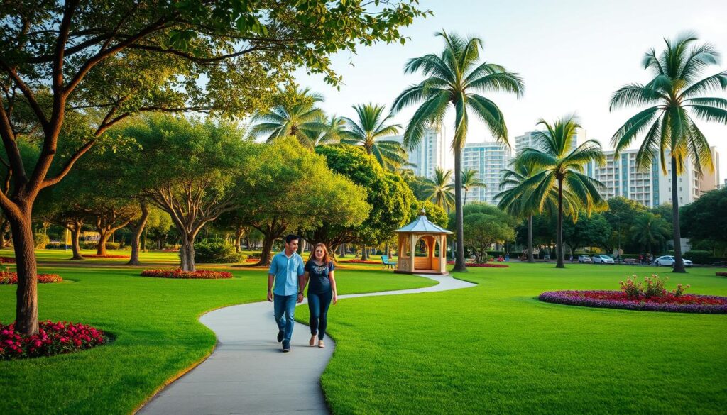 A serene urban oasis representing "qualidade vida" in Maringá. In the foreground, a tranquil park with lush green grass and vibrant flower beds, where a young couple in modest casual clothing strolls along a winding path. In the middle ground, diverse trees, including leafy jacarandas and towering palms, create a harmonious balance of nature. A quaint gazebo adds an inviting touch, surrounded by colorful benches. The background features a softly blurred skyline of modern buildings, seamlessly integrating nature and urban life. Golden hour lighting casts a warm, soothing glow, enhancing the peaceful atmosphere. A gentle breeze rustles through the leaves, evoking a sense of calm and retreat in this green refuge. A serene urban oasis representing "qualidade vida" in Maringá. In the foreground, a tranquil park with lush green grass and vibrant flower beds, where a young couple in modest casual clothing strolls along a winding path. In the middle ground, diverse trees, including leafy jacarandas and towering palms, create a harmonious balance of nature. A quaint gazebo adds an inviting touch, surrounded by colorful benches. The background features a softly blurred skyline of modern buildings, seamlessly integrating nature and urban life. Golden hour lighting casts a warm, soothing glow, enhancing the peaceful atmosphere. A gentle breeze rustles through the leaves, evoking a sense of calm and retreat in this green refuge.