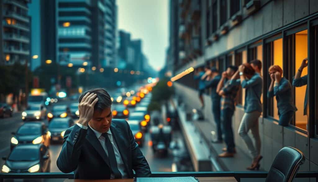 A serene urban scene depicting the impacts of constant noise on health and quality of life. In the foreground, a concerned individual in professional business attire is sitting at a desk, rubbing their temples in distress. The middle ground showcases a bustling street with noisy traffic, visible automobiles, and pedestrians wearing earplugs to block out sound. In the background, a row of buildings with open windows reveals stressed individuals clutching their heads or showing signs of anxiety, highlighting health issues related to noise pollution. The atmosphere is contrasted with soft lighting filtering through the buildings, creating a sense of urgency and concern. The angle is slightly elevated, providing a comprehensive view of the chaotic street life, juxtaposed with individual struggles. A serene urban scene depicting the impacts of constant noise on health and quality of life. In the foreground, a concerned individual in professional business attire is sitting at a desk, rubbing their temples in distress. The middle ground showcases a bustling street with noisy traffic, visible automobiles, and pedestrians wearing earplugs to block out sound. In the background, a row of buildings with open windows reveals stressed individuals clutching their heads or showing signs of anxiety, highlighting health issues related to noise pollution. The atmosphere is contrasted with soft lighting filtering through the buildings, creating a sense of urgency and concern. The angle is slightly elevated, providing a comprehensive view of the chaotic street life, juxtaposed with individual struggles.