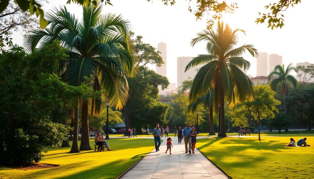 A serene view of Parque Ingá in Maringá, Brazil, showcasing lush greenery and tropical trees in the foreground, with a well-maintained pathway inviting visitors to stroll. In the middle ground, families can be seen enjoying their time together, dressed in modest casual clothing, some seated on benches, while children play on the soft grass. The background features the iconic city skyline, slightly blurred to emphasize the natural beauty of the park. Warm, golden sunlight filters through the branches, casting gentle shadows on the path, creating a peaceful and inviting atmosphere. The scene captures a moment of community and relaxation, embodying the essence of physical real estate investment in a vibrant urban setting. A serene view of Parque Ingá in Maringá, Brazil, showcasing lush greenery and tropical trees in the foreground, with a well-maintained pathway inviting visitors to stroll. In the middle ground, families can be seen enjoying their time together, dressed in modest casual clothing, some seated on benches, while children play on the soft grass. The background features the iconic city skyline, slightly blurred to emphasize the natural beauty of the park. Warm, golden sunlight filters through the branches, casting gentle shadows on the path, creating a peaceful and inviting atmosphere. The scene captures a moment of community and relaxation, embodying the essence of physical real estate investment in a vibrant urban setting.