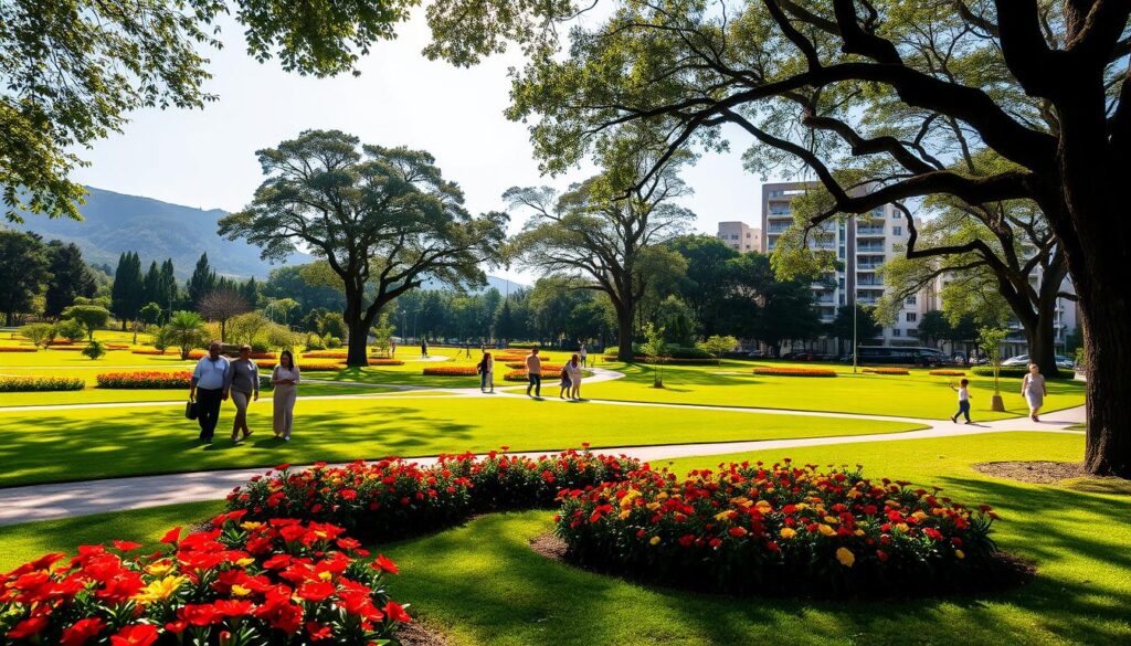 A serene view of Parque Ingá in Maringá, showcasing lush greenery and beautifully manicured lawns. In the foreground, vibrant flower beds with red and yellow blooms create a welcoming atmosphere. The middle ground features families enjoying leisurely strolls on graceful pathways, dressed in modest casual clothing, and children playing joyfully on the grass. Towering trees provide dappled sunlight, creating pockets of shade that enhance the tranquil vibe. The background reveals gentle rolling hills and the faint outline of modern residential buildings, emphasizing the proximity to the city center. The scene is bathed in warm afternoon light, with a gentle breeze subtly rustling leaves, inviting viewers to experience the peaceful coexistence of nature and urban living. A serene view of Parque Ingá in Maringá, showcasing lush greenery and beautifully manicured lawns. In the foreground, vibrant flower beds with red and yellow blooms create a welcoming atmosphere. The middle ground features families enjoying leisurely strolls on graceful pathways, dressed in modest casual clothing, and children playing joyfully on the grass. Towering trees provide dappled sunlight, creating pockets of shade that enhance the tranquil vibe. The background reveals gentle rolling hills and the faint outline of modern residential buildings, emphasizing the proximity to the city center. The scene is bathed in warm afternoon light, with a gentle breeze subtly rustling leaves, inviting viewers to experience the peaceful coexistence of nature and urban living.