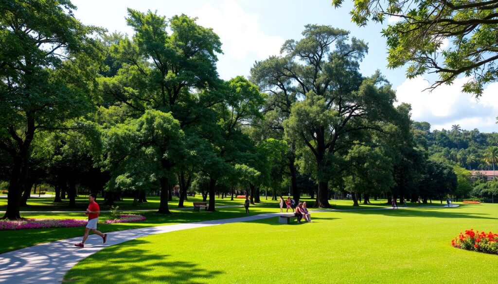 A serene view of Parque do Ingá, capturing the lush green landscape dotted with diverse trees and vibrant flowering plants. In the foreground, a well-maintained walking path winds through the park, inviting visitors to explore. The middle ground features people engaging in leisurely activities—some jogging, others sitting on benches enjoying the scenery, all dressed in casual, modest clothing. In the background, tall trees provide shade, and soft sunlight filters through the leaves, creating a warm and inviting atmosphere. The sky is clear with a few fluffy clouds, enhancing the sense of tranquility. The image should evoke a feeling of peace, showcasing the park as a vital green space promoting health and well-being within the urban environment. A serene view of Parque do Ingá, capturing the lush green landscape dotted with diverse trees and vibrant flowering plants. In the foreground, a well-maintained walking path winds through the park, inviting visitors to explore. The middle ground features people engaging in leisurely activities—some jogging, others sitting on benches enjoying the scenery, all dressed in casual, modest clothing. In the background, tall trees provide shade, and soft sunlight filters through the leaves, creating a warm and inviting atmosphere. The sky is clear with a few fluffy clouds, enhancing the sense of tranquility. The image should evoke a feeling of peace, showcasing the park as a vital green space promoting health and well-being within the urban environment.