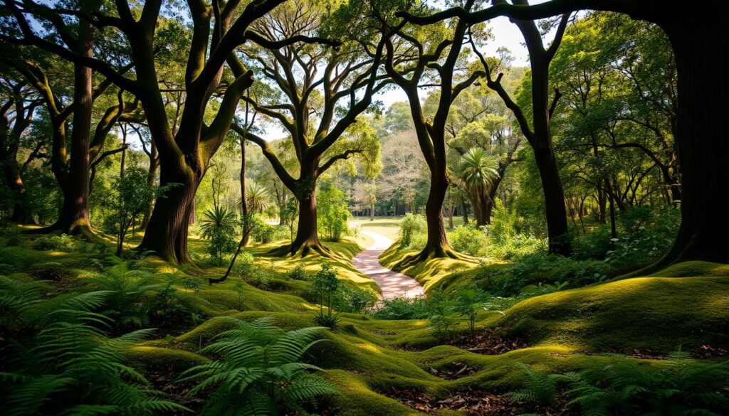 A serene view of the Bosque das Grevíleas, featuring a lush, green landscape filled with towering grevílea trees with their unique, spiky flowers. In the foreground, delicate ferns and soft moss carpet the forest floor, reflecting dappled sunlight that filters through the tree canopy above. The middle ground reveals a tranquil, winding path inviting visitors to explore the beauty of this space. In the background, a mix of tall trees and dense foliage create a rich tapestry of green hues, suggesting a protected ecosystem. The scene is bathed in warm, golden light, evoking a peaceful, inviting atmosphere. The angle captures the essence of a vibrant, thriving woodland, embodying the theme of preservation and natural beauty. A serene view of the Bosque das Grevíleas, featuring a lush, green landscape filled with towering grevílea trees with their unique, spiky flowers. In the foreground, delicate ferns and soft moss carpet the forest floor, reflecting dappled sunlight that filters through the tree canopy above. The middle ground reveals a tranquil, winding path inviting visitors to explore the beauty of this space. In the background, a mix of tall trees and dense foliage create a rich tapestry of green hues, suggesting a protected ecosystem. The scene is bathed in warm, golden light, evoking a peaceful, inviting atmosphere. The angle captures the essence of a vibrant, thriving woodland, embodying the theme of preservation and natural beauty.