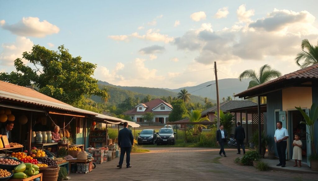 A serene village scene depicting the districts of Iguatemi and Floriano in Maringá, Brazil. In the foreground, show a small, inviting local market with vendors arraying fresh fruits, vegetables, and artisanal goods, emphasizing community life. In the middle ground, portray a peaceful residential area with modest homes and lush green gardens, where families are enjoying their leisure time, with individuals in professional business attire. The background should show gentle hills and patches of blue sky peeking through soft clouds, reflecting a tranquil atmosphere. Soft, natural lighting creates an inviting and warm feel, as if lit by the golden hour. Capture this scene from a slightly elevated angle to provide a sweeping view, emphasizing the harmonious blend of urban services and rural tranquility. A serene village scene depicting the districts of Iguatemi and Floriano in Maringá, Brazil. In the foreground, show a small, inviting local market with vendors arraying fresh fruits, vegetables, and artisanal goods, emphasizing community life. In the middle ground, portray a peaceful residential area with modest homes and lush green gardens, where families are enjoying their leisure time, with individuals in professional business attire. The background should show gentle hills and patches of blue sky peeking through soft clouds, reflecting a tranquil atmosphere. Soft, natural lighting creates an inviting and warm feel, as if lit by the golden hour. Capture this scene from a slightly elevated angle to provide a sweeping view, emphasizing the harmonious blend of urban services and rural tranquility.