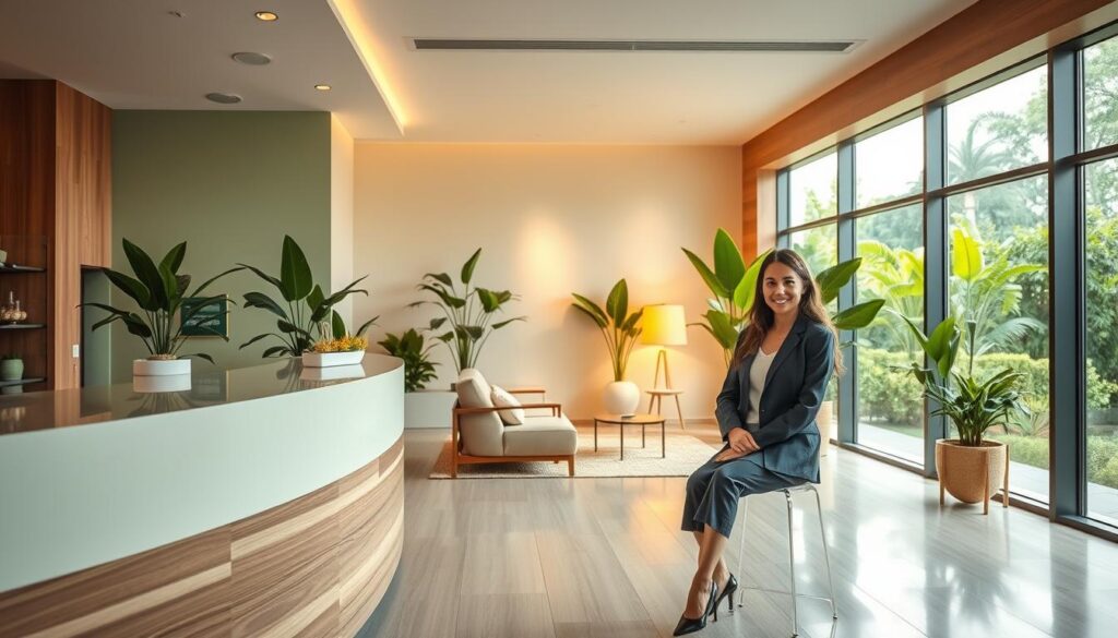 A serene wellness center in Maringá, featuring a tranquil reception area with natural wood finishes and soft green accents. In the foreground, a professional woman in business attire sits at the reception desk, warmly welcoming clients. The middle ground showcases a calming relaxation room with comfortable seating, lush indoor plants, and gentle lighting that creates a soothing atmosphere. The background reveals large windows with a view of a lush garden, enhancing the connection to nature. The scene is bathed in soft, warm light, suggesting a peaceful and inviting environment. The overall mood is one of tranquility and professional elegance, ideal for an aesthetic and wellness setting. A serene wellness center in Maringá, featuring a tranquil reception area with natural wood finishes and soft green accents. In the foreground, a professional woman in business attire sits at the reception desk, warmly welcoming clients. The middle ground showcases a calming relaxation room with comfortable seating, lush indoor plants, and gentle lighting that creates a soothing atmosphere. The background reveals large windows with a view of a lush garden, enhancing the connection to nature. The scene is bathed in soft, warm light, suggesting a peaceful and inviting environment. The overall mood is one of tranquility and professional elegance, ideal for an aesthetic and wellness setting.