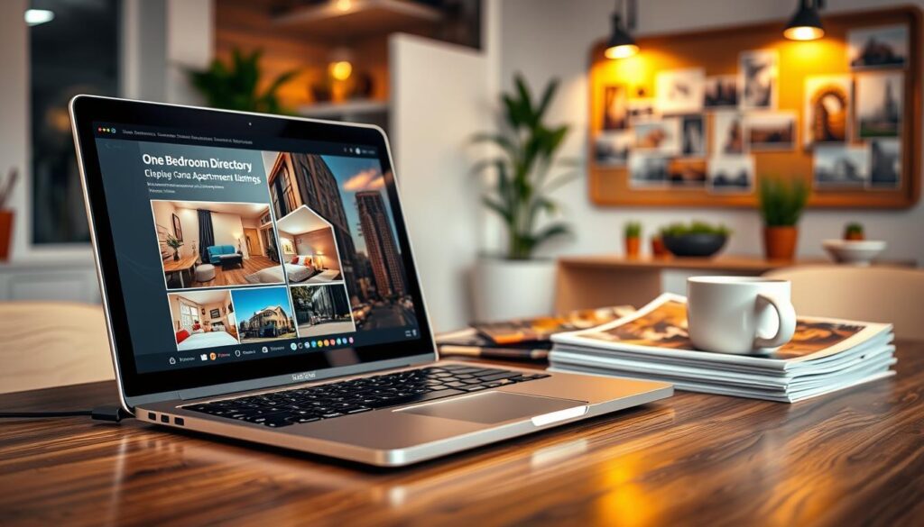 A sleek and modern real estate directory displayed on a wooden desk, featuring vibrant images of one-bedroom apartments in a desirable urban neighborhood. The foreground shows a laptop screen open to the directory website, highlighting appealing apartment listings with captivating visuals. The middle ground features a well-organized stack of printed rental flyers and a stylish coffee cup, suggesting a professional atmosphere. The background is softly blurred, showcasing an inviting office environment with warm lighting, plants, and a pinboard with images of local attractions. The mood is optimistic and proactive, conveying the ease of finding rental properties. The image should be well-lit, with a warm color palette, captured from a slightly elevated angle to emphasize the directory's importance in the search process. A sleek and modern real estate directory displayed on a wooden desk, featuring vibrant images of one-bedroom apartments in a desirable urban neighborhood. The foreground shows a laptop screen open to the directory website, highlighting appealing apartment listings with captivating visuals. The middle ground features a well-organized stack of printed rental flyers and a stylish coffee cup, suggesting a professional atmosphere. The background is softly blurred, showcasing an inviting office environment with warm lighting, plants, and a pinboard with images of local attractions. The mood is optimistic and proactive, conveying the ease of finding rental properties. The image should be well-lit, with a warm color palette, captured from a slightly elevated angle to emphasize the directory's importance in the search process.