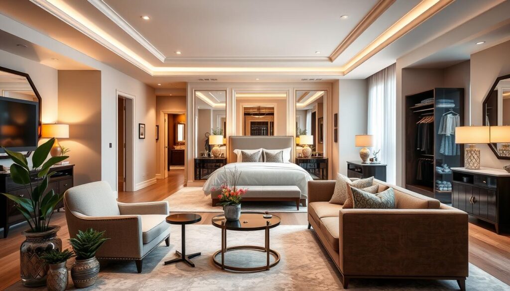 A spacious luxury master suite featuring a beautifully designed circulation area. In the foreground, elegant furniture arranged to create a welcoming atmosphere, showcasing a plush armchair, a small decorative table, and potted plants. In the middle, a large, stylish bed adorned with soft linens, flanked by modern bedside tables with tasteful lamps. The background reveals a luxurious bathroom area with a double vanity and a walk-in closet, subtly illuminated by warm, natural light streaming through expansive windows. The mood conveys comfort and sophistication, perfect for enhancing the concept of upscale living. Shot from a slightly elevated angle, this image encapsulates the essence of a master suite. A spacious luxury master suite featuring a beautifully designed circulation area. In the foreground, elegant furniture arranged to create a welcoming atmosphere, showcasing a plush armchair, a small decorative table, and potted plants. In the middle, a large, stylish bed adorned with soft linens, flanked by modern bedside tables with tasteful lamps. The background reveals a luxurious bathroom area with a double vanity and a walk-in closet, subtly illuminated by warm, natural light streaming through expansive windows. The mood conveys comfort and sophistication, perfect for enhancing the concept of upscale living. Shot from a slightly elevated angle, this image encapsulates the essence of a master suite.