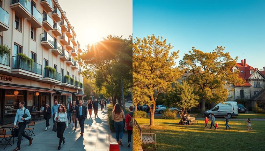 A split image showcasing two distinct urban environments representing life near UEM and Cesumar. On the left, a vibrant street filled with busy students in professional attire walking to classes, modern cafes with outdoor seating, and green parks reflecting a youthful energy. In the foreground, a welcoming apartment building with balconies. The mood is lively and inviting, utilizing soft, warm daylight with a slight lens flare from the sun, emphasizing a sense of community and study. On the right, a quieter neighborhood featuring cozy homes and families enjoying a serene park, bathed in golden hour lighting, creating a calm and homey atmosphere. A clear blue sky enhances the peaceful backdrop, highlighting the contrast between lively and tranquil living options. A split image showcasing two distinct urban environments representing life near UEM and Cesumar. On the left, a vibrant street filled with busy students in professional attire walking to classes, modern cafes with outdoor seating, and green parks reflecting a youthful energy. In the foreground, a welcoming apartment building with balconies. The mood is lively and inviting, utilizing soft, warm daylight with a slight lens flare from the sun, emphasizing a sense of community and study. On the right, a quieter neighborhood featuring cozy homes and families enjoying a serene park, bathed in golden hour lighting, creating a calm and homey atmosphere. A clear blue sky enhances the peaceful backdrop, highlighting the contrast between lively and tranquil living options.