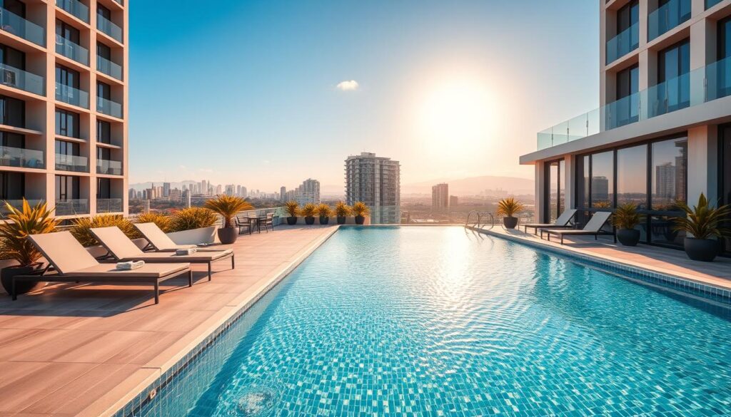 A stunning panoramic view of a luxurious rooftop terrace featuring a contemporary swimming pool, surrounded by elegant lounge chairs and lush greenery. The foreground showcases the shimmering pool, reflecting the sunlight, with stylish deck tiles and vibrant potted plants along its edge. In the middle ground, there are modern architectural features of a sleek apartment building, adorned with floor-to-ceiling windows. The background boasts the skyline of Maringá, with its characteristic buildings and a clear blue sky. The atmosphere is warm and inviting, with soft golden sunlight casting gentle shadows. The image captures a serene and upscale lifestyle, emphasizing the beauty and maintenance of a rooftop pool setting. The angle is slightly elevated, providing a comprehensive view of the entire scene. A stunning panoramic view of a luxurious rooftop terrace featuring a contemporary swimming pool, surrounded by elegant lounge chairs and lush greenery. The foreground showcases the shimmering pool, reflecting the sunlight, with stylish deck tiles and vibrant potted plants along its edge. In the middle ground, there are modern architectural features of a sleek apartment building, adorned with floor-to-ceiling windows. The background boasts the skyline of Maringá, with its characteristic buildings and a clear blue sky. The atmosphere is warm and inviting, with soft golden sunlight casting gentle shadows. The image captures a serene and upscale lifestyle, emphasizing the beauty and maintenance of a rooftop pool setting. The angle is slightly elevated, providing a comprehensive view of the entire scene.