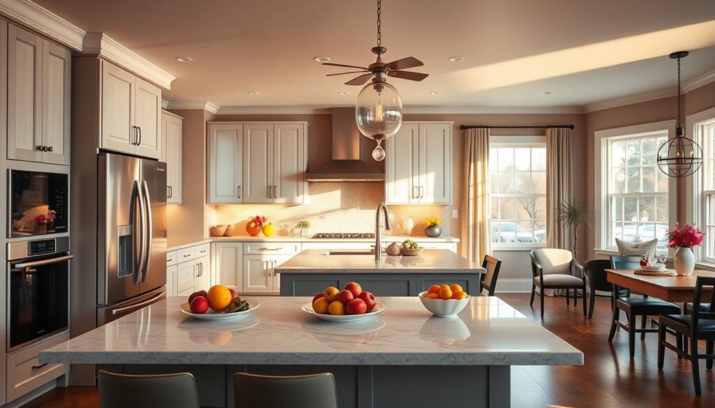 A stylish American kitchen with an open-concept layout, showcasing a harmonious blend of modern appliances and cozy design. In the foreground, there is a central island with bar stools, adorned with fresh fruits and elegant dishware. The middle ground features sleek cabinetry, a stainless steel refrigerator, and a built-in oven, all illuminated by warm, natural light pouring in through large windows. In the background, an inviting dining area with a wooden table and tasteful decor provides a sense of space and comfort. The overall atmosphere is bright and welcoming, with soft lighting that emphasizes the kitchen's functionality and aesthetic appeal. The angle is from slightly above, capturing both the kitchen and dining areas in a single, inviting frame. A stylish American kitchen with an open-concept layout, showcasing a harmonious blend of modern appliances and cozy design. In the foreground, there is a central island with bar stools, adorned with fresh fruits and elegant dishware. The middle ground features sleek cabinetry, a stainless steel refrigerator, and a built-in oven, all illuminated by warm, natural light pouring in through large windows. In the background, an inviting dining area with a wooden table and tasteful decor provides a sense of space and comfort. The overall atmosphere is bright and welcoming, with soft lighting that emphasizes the kitchen's functionality and aesthetic appeal. The angle is from slightly above, capturing both the kitchen and dining areas in a single, inviting frame.