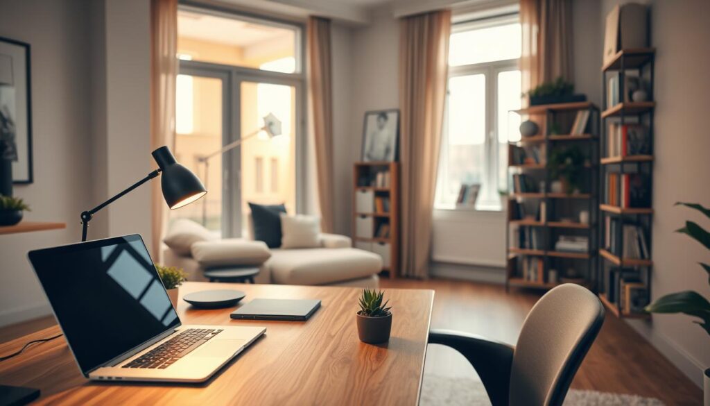 A stylish home office setup in a modern apartment, emphasizing a well-organized workspace. In the foreground, a sleek wooden desk is adorned with a laptop, a small succulent plant, and a stylish lamp, creating an inviting work area. The middle layer features a comfortable ergonomic chair and a cozy reading nook with a bookshelf filled with contemporary books. The background showcases large windows that let in warm, natural light, illuminating the room with a soft glow. The decor reflects a minimalist aesthetic with neutral tones and accents of greenery. The mood is serene and productive, ideal for working from home. The image captures a sense of balance and efficiency in a contemporary living space. A stylish home office setup in a modern apartment, emphasizing a well-organized workspace. In the foreground, a sleek wooden desk is adorned with a laptop, a small succulent plant, and a stylish lamp, creating an inviting work area. The middle layer features a comfortable ergonomic chair and a cozy reading nook with a bookshelf filled with contemporary books. The background showcases large windows that let in warm, natural light, illuminating the room with a soft glow. The decor reflects a minimalist aesthetic with neutral tones and accents of greenery. The mood is serene and productive, ideal for working from home. The image captures a sense of balance and efficiency in a contemporary living space.