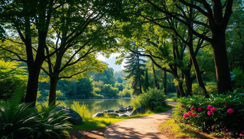 A tranquil scene depicting the Bosque das Grevíleas in Maringá, showcasing lush greenery with a diverse array of tall trees and blooming grevílea flowers in vibrant colors. In the foreground, soft sunlight filters through a canopy of leaves, casting gentle shadows on a winding, well-trodden path surrounded by ferns and shrubs. In the middle ground, a serene pond reflects the surrounding nature, bordered by occasional rocks and flowering plants. In the background, the skyline of Maringá can be faintly seen behind the foliage, blending urban life with nature. The atmosphere is peaceful and inviting, evoking the essence of a green lungs within the city. Use warm, natural lighting to enhance the inviting mood, capturing the essence of a beautiful day in this urban forest paradise. A tranquil scene depicting the Bosque das Grevíleas in Maringá, showcasing lush greenery with a diverse array of tall trees and blooming grevílea flowers in vibrant colors. In the foreground, soft sunlight filters through a canopy of leaves, casting gentle shadows on a winding, well-trodden path surrounded by ferns and shrubs. In the middle ground, a serene pond reflects the surrounding nature, bordered by occasional rocks and flowering plants. In the background, the skyline of Maringá can be faintly seen behind the foliage, blending urban life with nature. The atmosphere is peaceful and inviting, evoking the essence of a green lungs within the city. Use warm, natural lighting to enhance the inviting mood, capturing the essence of a beautiful day in this urban forest paradise.