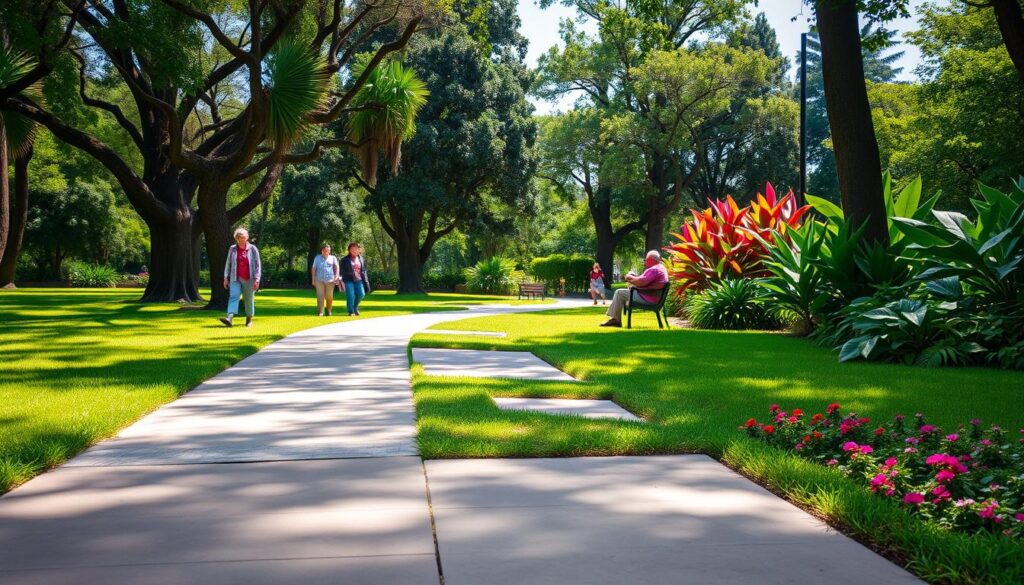 A vibrant and accessible scene of Parque Ingá in Maringá, Brazil, showcasing a wide, flat pathway suitable for easy walking. In the foreground, a well-maintained, smooth sidewalk lined with lush green grass and colorful flowers invites visitors. The middle ground features elderly individuals in modest casual clothing strolling comfortably, some sitting on benches surrounded by trees, enjoying the shade. The background reveals the park's lush, dense foliage and vibrant tropical plants under bright, natural sunlight. The atmosphere is peaceful and inviting, capturing the essence of a leisurely day in the park. The image should have a wide-angle perspective, emphasizing the spaciousness of the park, with bright colors and soft shadows to enhance the serene mood. A vibrant and accessible scene of Parque Ingá in Maringá, Brazil, showcasing a wide, flat pathway suitable for easy walking. In the foreground, a well-maintained, smooth sidewalk lined with lush green grass and colorful flowers invites visitors. The middle ground features elderly individuals in modest casual clothing strolling comfortably, some sitting on benches surrounded by trees, enjoying the shade. The background reveals the park's lush, dense foliage and vibrant tropical plants under bright, natural sunlight. The atmosphere is peaceful and inviting, capturing the essence of a leisurely day in the park. The image should have a wide-angle perspective, emphasizing the spaciousness of the park, with bright colors and soft shadows to enhance the serene mood.