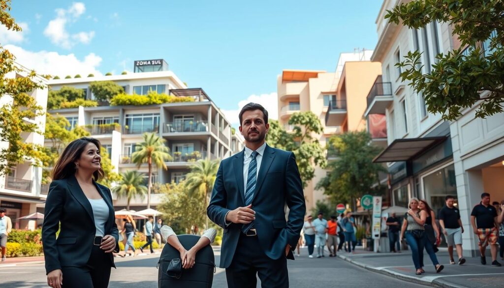 A vibrant and bustling city street scene, showcasing a distinct area that represents 'Zona Sul' in Maringá. In the foreground, an elegant couple dressed in professional attire stands with a real estate agent, discussing property options. The middle ground features contemporary residential buildings with lush greenery and modern architecture. People can be seen strolling, highlighting a lively atmosphere. In the background, soft blue skies above complement the urban landscape filled with cafes and boutique shops, creating an inviting environment. The lighting is natural and bright, reminiscent of a sunny afternoon, enhancing the mood of optimism and opportunity for potential homebuyers. The angle is slightly elevated, capturing the essence of community and lifestyle choices in Zona Sul. A vibrant and bustling city street scene, showcasing a distinct area that represents 'Zona Sul' in Maringá. In the foreground, an elegant couple dressed in professional attire stands with a real estate agent, discussing property options. The middle ground features contemporary residential buildings with lush greenery and modern architecture. People can be seen strolling, highlighting a lively atmosphere. In the background, soft blue skies above complement the urban landscape filled with cafes and boutique shops, creating an inviting environment. The lighting is natural and bright, reminiscent of a sunny afternoon, enhancing the mood of optimism and opportunity for potential homebuyers. The angle is slightly elevated, capturing the essence of community and lifestyle choices in Zona Sul.