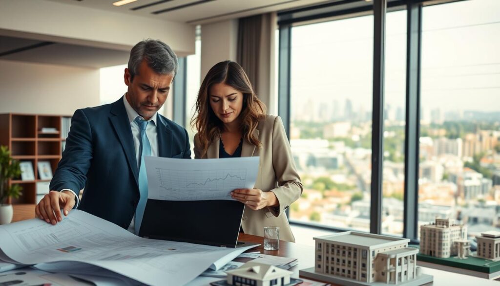 A vibrant and engaging image depicting a professional setting that highlights the debate between real estate investment and real estate funds, specifically in Maringá. In the foreground, a well-dressed man and woman are examining blueprints of a property, with a laptop displaying financial graphs beside them. The middle ground showcases a modern office space filled with real estate brochures and models of buildings. In the background, a panoramic view of Maringá's skyline can be seen through a large window, capturing its unique architecture and greenery. Soft, natural lighting floods the room, creating an inviting and professional atmosphere, with a focus on collaboration and decision-making in real estate investments. A vibrant and engaging image depicting a professional setting that highlights the debate between real estate investment and real estate funds, specifically in Maringá. In the foreground, a well-dressed man and woman are examining blueprints of a property, with a laptop displaying financial graphs beside them. The middle ground showcases a modern office space filled with real estate brochures and models of buildings. In the background, a panoramic view of Maringá's skyline can be seen through a large window, capturing its unique architecture and greenery. Soft, natural lighting floods the room, creating an inviting and professional atmosphere, with a focus on collaboration and decision-making in real estate investments.