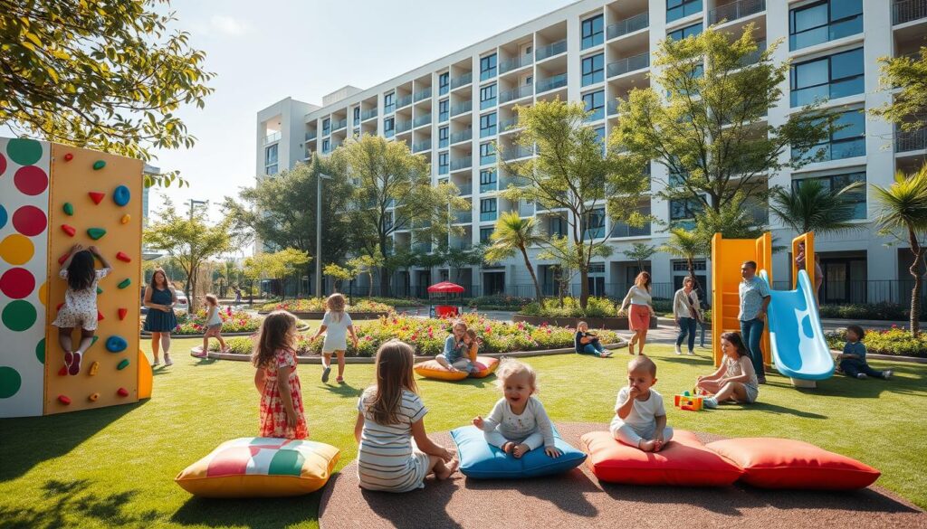 A vibrant and engaging kids' play area within a modern condominium complex, designed specifically for families. In the foreground, colorful play structures, including a climbing wall and a slide, are adorned with cheerful patterns. Happy children in modest casual clothing are interacting, climbing, and playing in a safe environment. In the middle ground, there's a soft grass area with colorful cushions where toddlers are playing with toys under the supervision of attentive adults. The backdrop features a stylish condominium building surrounded by trees and flower beds, with sunlight streaming through the foliage, creating a warm, inviting atmosphere. Soft shadows enhance the depth of the scene, while a clear blue sky adds to the cheerful mood. The image captures the essence of a fun, safe, and vibrant kids' space, emphasizing community and togetherness. A vibrant and engaging kids' play area within a modern condominium complex, designed specifically for families. In the foreground, colorful play structures, including a climbing wall and a slide, are adorned with cheerful patterns. Happy children in modest casual clothing are interacting, climbing, and playing in a safe environment. In the middle ground, there's a soft grass area with colorful cushions where toddlers are playing with toys under the supervision of attentive adults. The backdrop features a stylish condominium building surrounded by trees and flower beds, with sunlight streaming through the foliage, creating a warm, inviting atmosphere. Soft shadows enhance the depth of the scene, while a clear blue sky adds to the cheerful mood. The image captures the essence of a fun, safe, and vibrant kids' space, emphasizing community and togetherness.