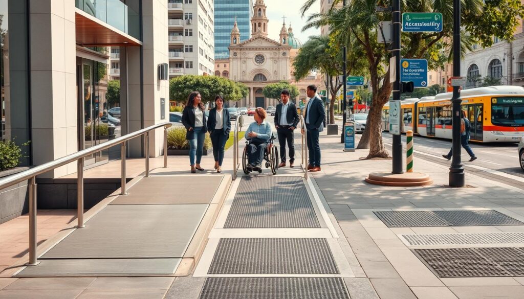 A vibrant and inviting scene depicting urban accessibility in Brazil. In the foreground, a well-maintained wheelchair ramp leads up to a modern building entrance, designed with accessibility in mind. A diverse group of professionals in smart business attire, including a person in a wheelchair, engage in a conversation near the ramp. The middle ground features wide sidewalks with tactile paving and clear signage, illustrating the importance of accessible urban planning. In the background, a cityscape of Maringá, with visible landmarks like the cathedral and accessible public transport options, adds context. The lighting is warm, suggesting a sunny day, and the image conveys a mood of inclusivity and progressiveness in accessibility initiatives. The angle captures a slight upward perspective, emphasizing the ramp and the community’s efforts toward universal design. A vibrant and inviting scene depicting urban accessibility in Brazil. In the foreground, a well-maintained wheelchair ramp leads up to a modern building entrance, designed with accessibility in mind. A diverse group of professionals in smart business attire, including a person in a wheelchair, engage in a conversation near the ramp. The middle ground features wide sidewalks with tactile paving and clear signage, illustrating the importance of accessible urban planning. In the background, a cityscape of Maringá, with visible landmarks like the cathedral and accessible public transport options, adds context. The lighting is warm, suggesting a sunny day, and the image conveys a mood of inclusivity and progressiveness in accessibility initiatives. The angle captures a slight upward perspective, emphasizing the ramp and the community’s efforts toward universal design.