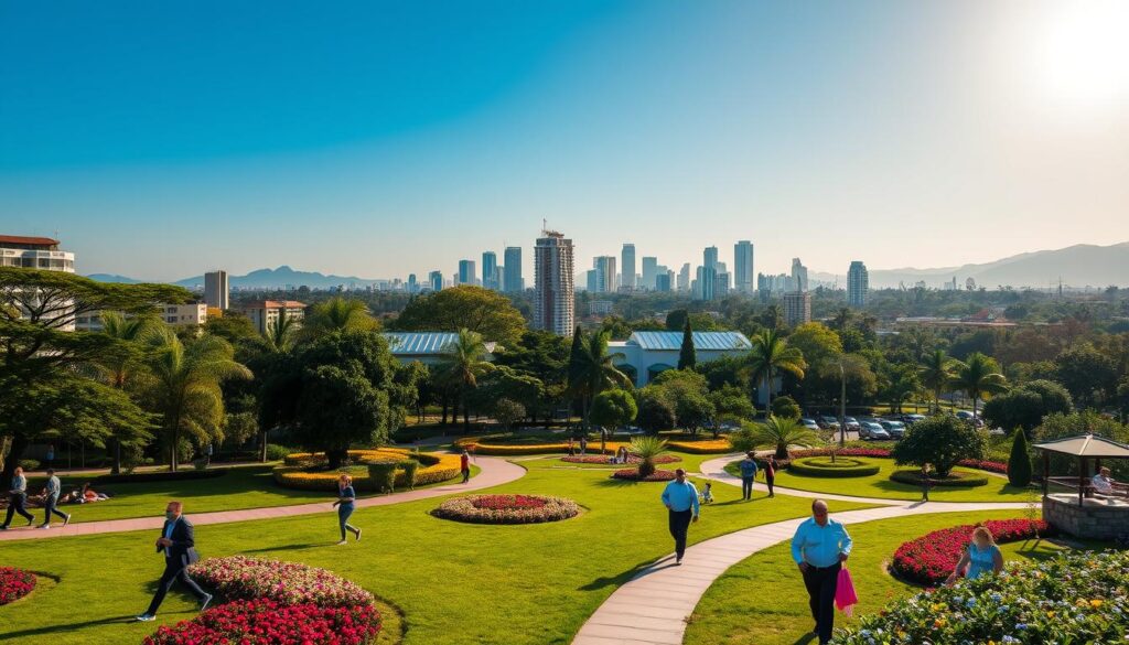 A vibrant and serene view of Maringá and its districts, showcasing the "Cidade Jardim" atmosphere. In the foreground, a colorful park with lush greenery, blooming flowers, and well-maintained walking paths. People in professional business attire and modest casual clothing are enjoying outdoor activities, such as jogging and picnicking. The middle ground features modern urban buildings harmoniously integrated with nature, surrounded by trees and landscaped gardens. In the background, the iconic skyline of Maringá, highlighted by a clear blue sky and soft sunlight casting warm reflections. The scene has a tranquil and uplifting mood, emphasizing the quality of life in this urban setting. Capture this image with a wide-angle lens to highlight the expansive beauty of the landscape. A vibrant and serene view of Maringá and its districts, showcasing the "Cidade Jardim" atmosphere. In the foreground, a colorful park with lush greenery, blooming flowers, and well-maintained walking paths. People in professional business attire and modest casual clothing are enjoying outdoor activities, such as jogging and picnicking. The middle ground features modern urban buildings harmoniously integrated with nature, surrounded by trees and landscaped gardens. In the background, the iconic skyline of Maringá, highlighted by a clear blue sky and soft sunlight casting warm reflections. The scene has a tranquil and uplifting mood, emphasizing the quality of life in this urban setting. Capture this image with a wide-angle lens to highlight the expansive beauty of the landscape.