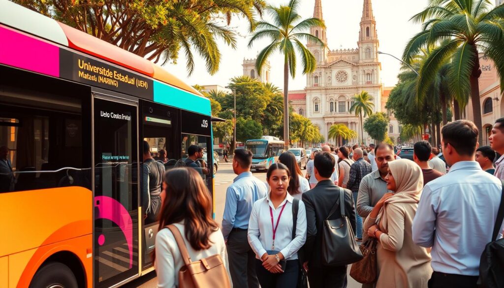 A vibrant city scene of public transportation in Maringá, Brazil, showcasing a modern bus stop with a sleek, colorful bus displaying a route to the Universidade Estadual de Maringá (UEM). In the foreground, a diverse group of passengers in professional business attire and modest casual clothing eagerly awaits the bus, embodying a sense of community and anticipation. The middle ground features a bustling street lined with tropical trees and cozy cafes, while the backdrop reveals the iconic architecture of Maringá, including the famous cathedral. Warm, natural lighting bathes the scene in a golden hue, capturing an inviting, lively atmosphere. The perspective is slightly elevated, giving a clear view of the entire setting. A vibrant city scene of public transportation in Maringá, Brazil, showcasing a modern bus stop with a sleek, colorful bus displaying a route to the Universidade Estadual de Maringá (UEM). In the foreground, a diverse group of passengers in professional business attire and modest casual clothing eagerly awaits the bus, embodying a sense of community and anticipation. The middle ground features a bustling street lined with tropical trees and cozy cafes, while the backdrop reveals the iconic architecture of Maringá, including the famous cathedral. Warm, natural lighting bathes the scene in a golden hue, capturing an inviting, lively atmosphere. The perspective is slightly elevated, giving a clear view of the entire setting.