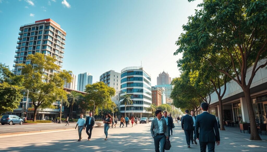 A vibrant cityscape of Avenida Advogado Horácio Raccanello Filho in Maringá, featuring a well-maintained urban environment. In the foreground, a broad tree-lined sidewalk with people strolling, dressed in professional business attire. In the middle ground, modern buildings showcasing diverse architectural styles, with cafés and shops that invite pedestrians. A light, cheerful atmosphere enhanced by clear blue skies and warm sunlight illuminating the scene. The background displays lush greenery and city landmarks that reflect the central location. The angle is slightly elevated, showcasing a dynamic view of the bustling avenue, capturing the essence of urban life and community spirit in Maringá. A vibrant cityscape of Avenida Advogado Horácio Raccanello Filho in Maringá, featuring a well-maintained urban environment. In the foreground, a broad tree-lined sidewalk with people strolling, dressed in professional business attire. In the middle ground, modern buildings showcasing diverse architectural styles, with cafés and shops that invite pedestrians. A light, cheerful atmosphere enhanced by clear blue skies and warm sunlight illuminating the scene. The background displays lush greenery and city landmarks that reflect the central location. The angle is slightly elevated, showcasing a dynamic view of the bustling avenue, capturing the essence of urban life and community spirit in Maringá.