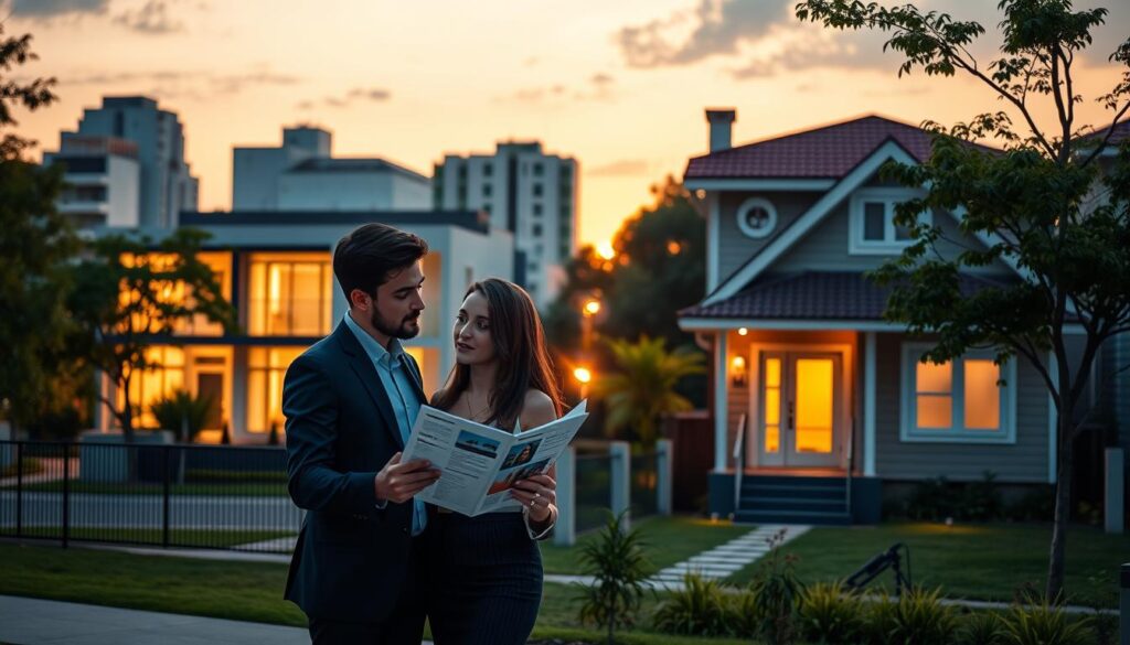 A vibrant cityscape representing Maringá at dusk, showcasing a blend of new and used houses to highlight the themes of choice and valuation. In the foreground, a thoughtful young couple dressed in professional business attire is discussing over a real estate brochure, standing on a sidewalk. In the middle ground, two distinct homes illustrate the contrast: a modern, sleek new home with large windows bathed in warm light, and a charming, older home with character and lush greenery. The background features a soft, glowing sunset, adding a hopeful ambiance to the scene. The overall mood is one of contemplation and decision-making, symbolizing the journey of finding the right first property. A vibrant cityscape representing Maringá at dusk, showcasing a blend of new and used houses to highlight the themes of choice and valuation. In the foreground, a thoughtful young couple dressed in professional business attire is discussing over a real estate brochure, standing on a sidewalk. In the middle ground, two distinct homes illustrate the contrast: a modern, sleek new home with large windows bathed in warm light, and a charming, older home with character and lush greenery. The background features a soft, glowing sunset, adding a hopeful ambiance to the scene. The overall mood is one of contemplation and decision-making, symbolizing the journey of finding the right first property.
