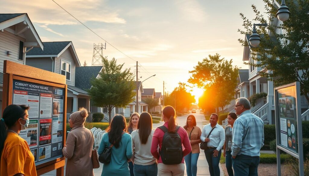 A vibrant community scene showcasing active neighborhood vigilance. In the foreground, a diverse group of individuals in modest casual attire engages in conversation, displaying camaraderie and awareness. They are gathered near a community notice board filled with safety information and local event flyers. The middle ground features cozy residential homes with visible security measures like outdoor cameras and well-lit sidewalks, emphasizing a sense of safety. Trees and greenery line the streets, enhancing the welcoming atmosphere. The background includes a sunset sky, casting warm, golden light over the scene, creating a feeling of community unity and security. The overall mood is uplifting and watchful, reflecting a proactive approach to safety and community involvement. A vibrant community scene showcasing active neighborhood vigilance. In the foreground, a diverse group of individuals in modest casual attire engages in conversation, displaying camaraderie and awareness. They are gathered near a community notice board filled with safety information and local event flyers. The middle ground features cozy residential homes with visible security measures like outdoor cameras and well-lit sidewalks, emphasizing a sense of safety. Trees and greenery line the streets, enhancing the welcoming atmosphere. The background includes a sunset sky, casting warm, golden light over the scene, creating a feeling of community unity and security. The overall mood is uplifting and watchful, reflecting a proactive approach to safety and community involvement.