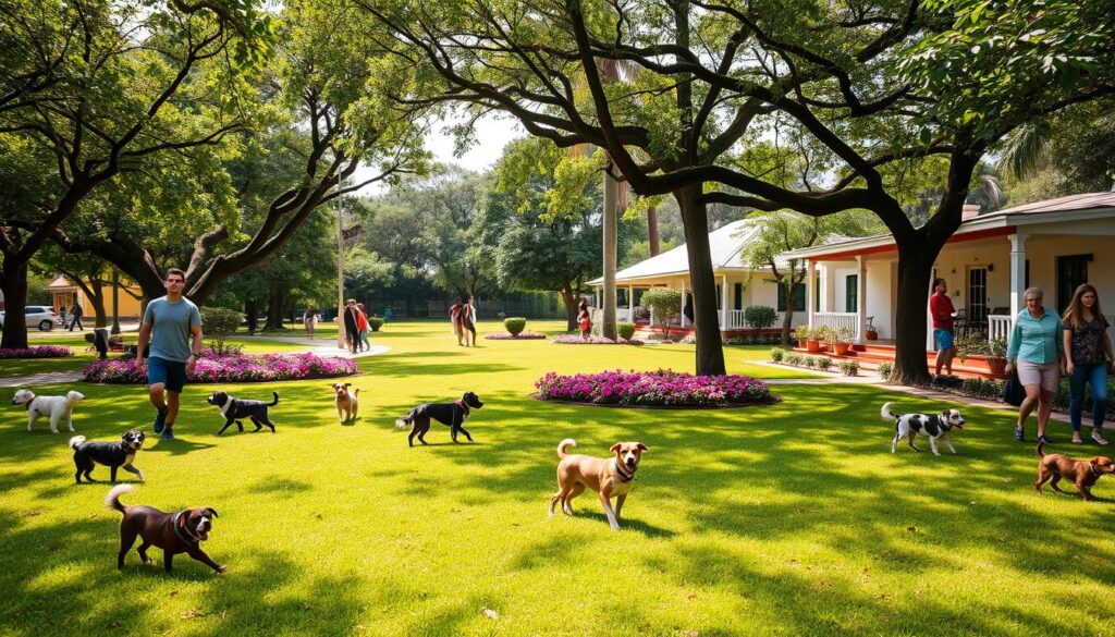 A vibrant green park scene, showcasing a pet-friendly neighborhood in Maringá. In the foreground, lush grass dotted with playful dogs of various breeds, some playing fetch while others relax beside their owners, who are dressed in casual, comfortable clothing. The middle ground features a variety of trees with abundant foliage, creating a serene canopy, while well-maintained walking paths wind through clusters of blooming flowers. In the background, charming homes with welcoming porches, surrounded by colorful gardens, add to the friendly atmosphere. The lighting is warm and inviting, suggesting a sunny afternoon, with soft shadows creating depth. The overall mood is cheerful, reflecting a harmonious community where pets and people thrive together. A vibrant green park scene, showcasing a pet-friendly neighborhood in Maringá. In the foreground, lush grass dotted with playful dogs of various breeds, some playing fetch while others relax beside their owners, who are dressed in casual, comfortable clothing. The middle ground features a variety of trees with abundant foliage, creating a serene canopy, while well-maintained walking paths wind through clusters of blooming flowers. In the background, charming homes with welcoming porches, surrounded by colorful gardens, add to the friendly atmosphere. The lighting is warm and inviting, suggesting a sunny afternoon, with soft shadows creating depth. The overall mood is cheerful, reflecting a harmonious community where pets and people thrive together.