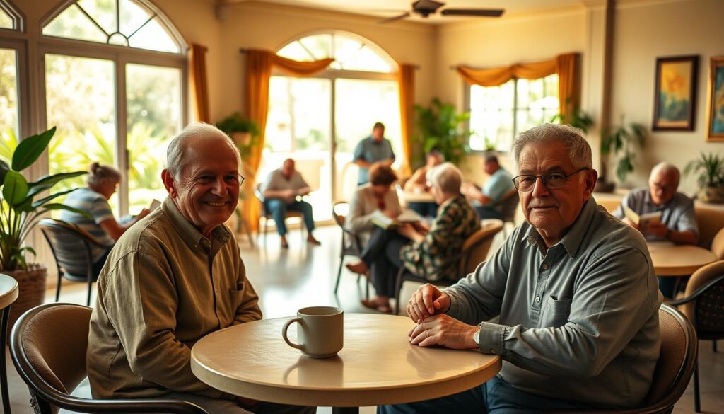 A vibrant interior scene of a pensionato in Maringá, showcasing a welcoming common area with residents engaging in leisure activities. In the foreground, a friendly elderly couple is sitting at a round table, sharing a cup of coffee, both dressed in modest, casual clothes. In the middle, several residents are reading books or playing board games, creating a lively social atmosphere. The background features large windows allowing warm, natural light to flood the room, illuminating the soft furnishings and greenery outside. A cozy decor with plants and artwork on the walls enhances the inviting ambiance, reflecting a sense of community and warmth within the pensionato. The image should evoke feelings of comfort and companionship. A vibrant interior scene of a pensionato in Maringá, showcasing a welcoming common area with residents engaging in leisure activities. In the foreground, a friendly elderly couple is sitting at a round table, sharing a cup of coffee, both dressed in modest, casual clothes. In the middle, several residents are reading books or playing board games, creating a lively social atmosphere. The background features large windows allowing warm, natural light to flood the room, illuminating the soft furnishings and greenery outside. A cozy decor with plants and artwork on the walls enhances the inviting ambiance, reflecting a sense of community and warmth within the pensionato. The image should evoke feelings of comfort and companionship.