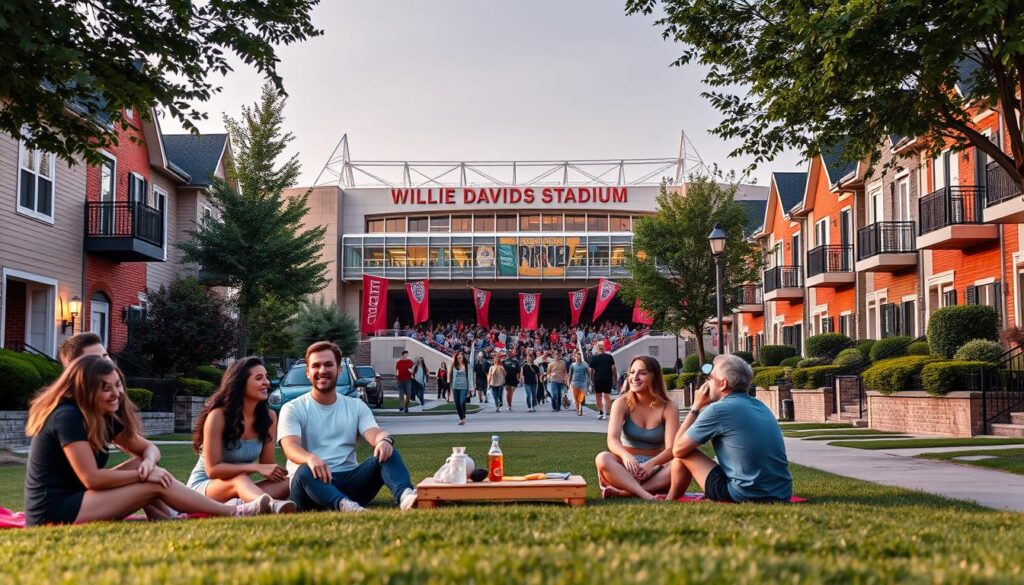 A vibrant neighborhood scene showcasing the exterior of the Willie Davids Stadium, surrounded by a lively urban environment. In the foreground, a group of friends dressed in casual attire enjoying a picnic on a grassy area, their playful laughter echoing. In the middle, the stadium's modern architecture dominates, with excited fans streaming in, illustrating accessibility and convenience. Bright banners adorn the stadium, reflecting the local team's colors, enhancing the festive mood. In the background, residential buildings with well-kept gardens line the street, bathed in warm evening light, creating a welcoming atmosphere. The angle captures the lively hustle, emphasizing the duality of convenience and the vibrant noise of an active game day, inviting viewers to ponder the complexities of urban living near a sports venue. A vibrant neighborhood scene showcasing the exterior of the Willie Davids Stadium, surrounded by a lively urban environment. In the foreground, a group of friends dressed in casual attire enjoying a picnic on a grassy area, their playful laughter echoing. In the middle, the stadium's modern architecture dominates, with excited fans streaming in, illustrating accessibility and convenience. Bright banners adorn the stadium, reflecting the local team's colors, enhancing the festive mood. In the background, residential buildings with well-kept gardens line the street, bathed in warm evening light, creating a welcoming atmosphere. The angle captures the lively hustle, emphasizing the duality of convenience and the vibrant noise of an active game day, inviting viewers to ponder the complexities of urban living near a sports venue.