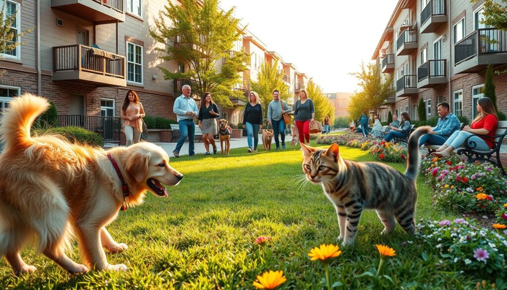 A vibrant, pet-friendly neighborhood scene showcasing a variety of pets in an inviting urban setting. In the foreground, a playful golden retriever and a curious tabby cat interact happily on a grassy area, surrounded by colorful flowers. In the middle, friendly residents casually stroll with their dogs, while others relax on benches, enjoying the company of their pets. The background features charming apartment buildings with pet-friendly amenities, like dog parks and cat-friendly balconies. The scene is bathed in warm afternoon sunlight, creating a cheerful atmosphere. The composition is captured with a slightly elevated angle, allowing for a panoramic view of this harmonious pet-centric community. A vibrant, pet-friendly neighborhood scene showcasing a variety of pets in an inviting urban setting. In the foreground, a playful golden retriever and a curious tabby cat interact happily on a grassy area, surrounded by colorful flowers. In the middle, friendly residents casually stroll with their dogs, while others relax on benches, enjoying the company of their pets. The background features charming apartment buildings with pet-friendly amenities, like dog parks and cat-friendly balconies. The scene is bathed in warm afternoon sunlight, creating a cheerful atmosphere. The composition is captured with a slightly elevated angle, allowing for a panoramic view of this harmonious pet-centric community.