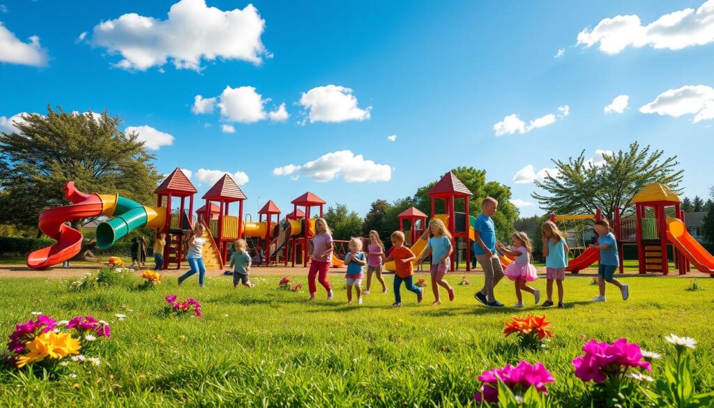 A vibrant playground scene, filled with colorful play structures such as slides, swings, and climbing frames, designed for children. In the foreground, a group of children, clothed in modest casual attire, joyfully play together. The middle ground features a variety of playground equipment, nestled among soft, lush grass and cheerful flowers. The background shows a bright blue sky, dotted with fluffy white clouds, and a few trees providing shade. The lighting is warm and inviting, simulating a sunny afternoon, with playful shadows dancing across the ground. The atmosphere is lively and festive, capturing the joy and innocence of childhood in a safe, engaging environment. A vibrant playground scene, filled with colorful play structures such as slides, swings, and climbing frames, designed for children. In the foreground, a group of children, clothed in modest casual attire, joyfully play together. The middle ground features a variety of playground equipment, nestled among soft, lush grass and cheerful flowers. The background shows a bright blue sky, dotted with fluffy white clouds, and a few trees providing shade. The lighting is warm and inviting, simulating a sunny afternoon, with playful shadows dancing across the ground. The atmosphere is lively and festive, capturing the joy and innocence of childhood in a safe, engaging environment.