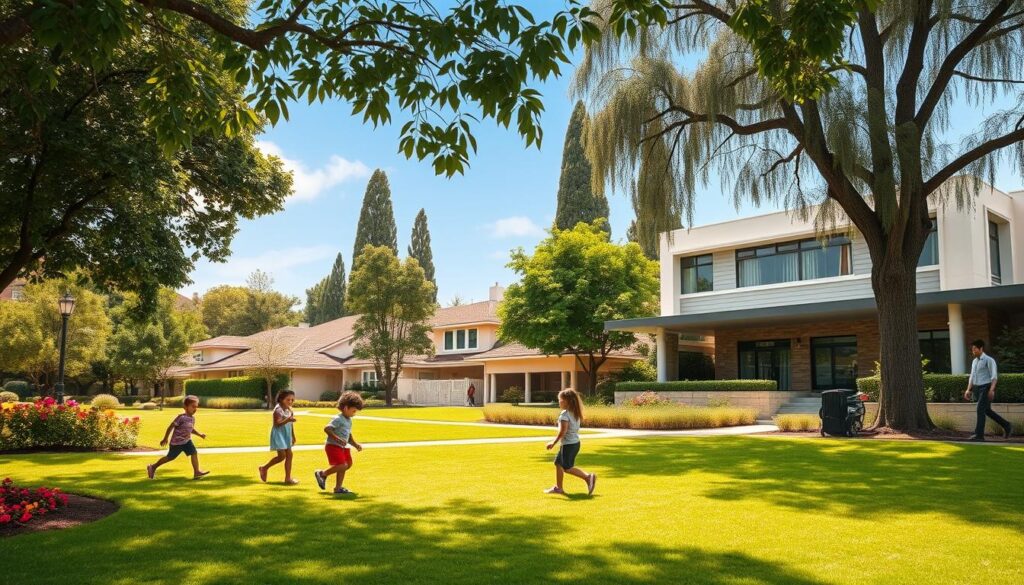 A vibrant residential neighborhood, showcasing a safe and inviting environment for families. In the foreground, a well-maintained park with lush green grass and blooming flowers, where children of diverse ethnicities play safely. In the middle ground, charming houses with well-kept gardens, emphasizing a sense of community. To the side, a modern, attractive school building with students in professional attire walking to class. In the background, tall trees and a clear blue sky suggest a peaceful atmosphere. Soft, warm sunlight filters through the leaves, creating a tranquil yet engaging mood. The composition captures the essence of a thriving family-friendly neighborhood near top-rated schools in Maringá. A vibrant residential neighborhood, showcasing a safe and inviting environment for families. In the foreground, a well-maintained park with lush green grass and blooming flowers, where children of diverse ethnicities play safely. In the middle ground, charming houses with well-kept gardens, emphasizing a sense of community. To the side, a modern, attractive school building with students in professional attire walking to class. In the background, tall trees and a clear blue sky suggest a peaceful atmosphere. Soft, warm sunlight filters through the leaves, creating a tranquil yet engaging mood. The composition captures the essence of a thriving family-friendly neighborhood near top-rated schools in Maringá.