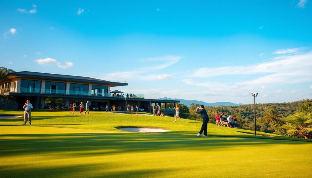 A vibrant scene capturing the essence of Country Club Maringá, showcasing a beautifully landscaped golf course in the foreground, with manicured grass, strategic sand traps, and distinguished players in professional golf attire enjoying the game. In the middle ground, families are engaged in sports and leisure activities, with children playing and adults socializing on the terrace of an elegant clubhouse, designed with large windows and a contemporary architectural style. In the background, lush greenery and blue skies create a serene atmosphere, bathed in warm afternoon sunlight. The scene conveys a sense of community and relaxation, emphasizing leisure, sports, and family bonding in a picturesque setting. The angle captures a wide view, inviting the viewer into this engaging environment. A vibrant scene capturing the essence of Country Club Maringá, showcasing a beautifully landscaped golf course in the foreground, with manicured grass, strategic sand traps, and distinguished players in professional golf attire enjoying the game. In the middle ground, families are engaged in sports and leisure activities, with children playing and adults socializing on the terrace of an elegant clubhouse, designed with large windows and a contemporary architectural style. In the background, lush greenery and blue skies create a serene atmosphere, bathed in warm afternoon sunlight. The scene conveys a sense of community and relaxation, emphasizing leisure, sports, and family bonding in a picturesque setting. The angle captures a wide view, inviting the viewer into this engaging environment.