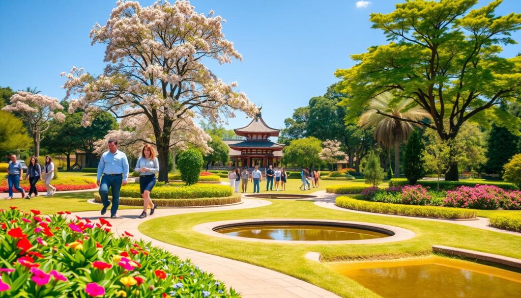 A vibrant scene depicting Parque do Japão in Maringá, emphasizing its beautifully landscaped gardens and serene pathways. In the foreground, include well-maintained vibrant flower beds and a small tranquil pond reflecting the greenery. The middle layer features visitors walking leisurely, dressed in business casual attire, showcasing a sense of community and relaxation. In the background, capture lush trees with delicate cherry blossoms and a traditional Japanese pagoda, bathed in warm, golden sunlight. The atmosphere is peaceful and inviting, suggesting a harmonious blend of nature and culture. Use a soft focus effect to enhance the tranquil mood, mimicking a slightly elevated angle to give depth to the scene. A clear blue sky completes this picturesque setting. A vibrant scene depicting Parque do Japão in Maringá, emphasizing its beautifully landscaped gardens and serene pathways. In the foreground, include well-maintained vibrant flower beds and a small tranquil pond reflecting the greenery. The middle layer features visitors walking leisurely, dressed in business casual attire, showcasing a sense of community and relaxation. In the background, capture lush trees with delicate cherry blossoms and a traditional Japanese pagoda, bathed in warm, golden sunlight. The atmosphere is peaceful and inviting, suggesting a harmonious blend of nature and culture. Use a soft focus effect to enhance the tranquil mood, mimicking a slightly elevated angle to give depth to the scene. A clear blue sky completes this picturesque setting.
