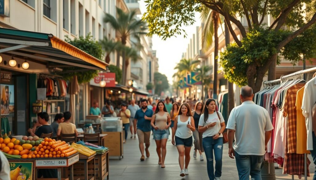 A vibrant street scene capturing Avenida Brasil with a bustling atmosphere, showcasing a diverse array of street vendors and shops. In the foreground, a vendor selling colorful fruits and vegetables attracts customers, while nearby, a small cafe has patrons enjoying their coffee at outdoor tables in modest casual clothing. The middle ground features busy pedestrians moving along the wide sidewalks, some browsing through clothing stalls. The background presents the characteristic architecture of Avenida Brasil with contemporary buildings and greenery lining the street. The lighting is warm and inviting, simulating late afternoon sunlight, with a slight golden hue enhancing the lively mood. The angle is slightly elevated, providing a comprehensive view of the street activity and the vibrant culture present in this commercial hub. A vibrant street scene capturing Avenida Brasil with a bustling atmosphere, showcasing a diverse array of street vendors and shops. In the foreground, a vendor selling colorful fruits and vegetables attracts customers, while nearby, a small cafe has patrons enjoying their coffee at outdoor tables in modest casual clothing. The middle ground features busy pedestrians moving along the wide sidewalks, some browsing through clothing stalls. The background presents the characteristic architecture of Avenida Brasil with contemporary buildings and greenery lining the street. The lighting is warm and inviting, simulating late afternoon sunlight, with a slight golden hue enhancing the lively mood. The angle is slightly elevated, providing a comprehensive view of the street activity and the vibrant culture present in this commercial hub.