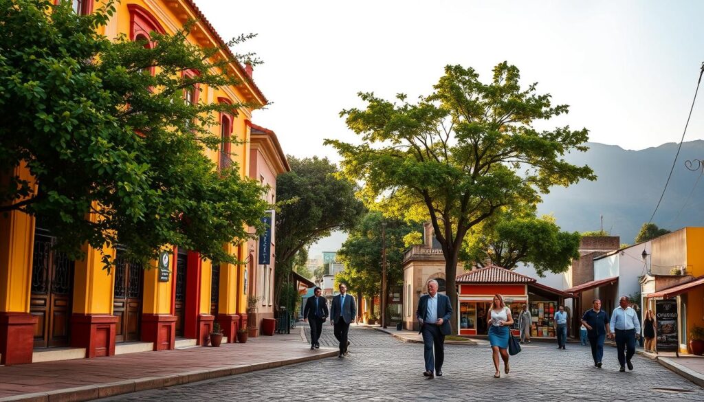 A vibrant street scene depicting Vila Operária in Maringá, showcasing its unique architecture and historical charm. In the foreground, a well-maintained colonial-style house with distinct colorful façades and ornamental details. In the middle ground, a narrow cobblestone street lined with lush green trees and small local shops. A few individuals in professional business attire and modest casual clothing can be seen walking, engaging with the environment. The background features gray-blue mountains under a clear sky, hinting at the neighborhood's serenity. The warm golden hour sunlight casts soft shadows, creating an inviting atmosphere that reflects the neighborhood's revitalization and appeal. The angle is slightly elevated to capture the essence of the location effectively. A vibrant street scene depicting Vila Operária in Maringá, showcasing its unique architecture and historical charm. In the foreground, a well-maintained colonial-style house with distinct colorful façades and ornamental details. In the middle ground, a narrow cobblestone street lined with lush green trees and small local shops. A few individuals in professional business attire and modest casual clothing can be seen walking, engaging with the environment. The background features gray-blue mountains under a clear sky, hinting at the neighborhood's serenity. The warm golden hour sunlight casts soft shadows, creating an inviting atmosphere that reflects the neighborhood's revitalization and appeal. The angle is slightly elevated to capture the essence of the location effectively.
