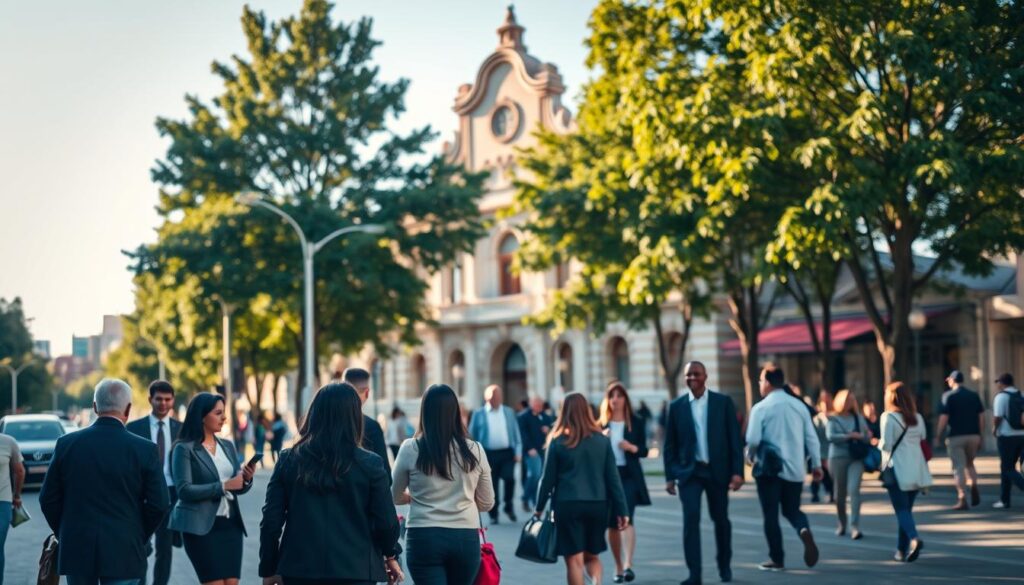 A vibrant street scene in Zona 02, Maringá, showcasing a modern urban environment with well-maintained sidewalks and lush green trees lining the street. In the foreground, a diverse group of individuals dressed in professional attire, engaging in lively conversation, emphasizing community interaction. The middle ground features the Santa Casa de Maringá, a prominent historic building with elegant architecture, rendered in warm sunlight, casting soft shadows. In the background, a clear blue sky enhances the feeling of a bright, welcoming day. Use a soft focus lens effect to create a dreamy atmosphere, with a slight bokeh effect on the edges. The overall mood should be inviting and vibrant, reflecting a harmonious blend of urban life and community spirit. A vibrant street scene in Zona 02, Maringá, showcasing a modern urban environment with well-maintained sidewalks and lush green trees lining the street. In the foreground, a diverse group of individuals dressed in professional attire, engaging in lively conversation, emphasizing community interaction. The middle ground features the Santa Casa de Maringá, a prominent historic building with elegant architecture, rendered in warm sunlight, casting soft shadows. In the background, a clear blue sky enhances the feeling of a bright, welcoming day. Use a soft focus lens effect to create a dreamy atmosphere, with a slight bokeh effect on the edges. The overall mood should be inviting and vibrant, reflecting a harmonious blend of urban life and community spirit.