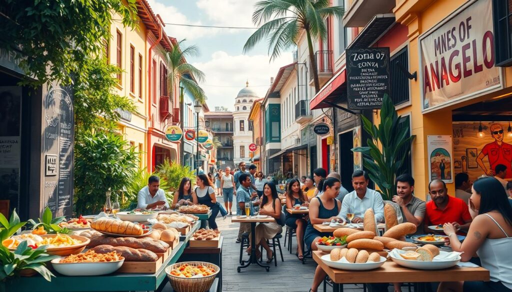 A vibrant street scene in Zona 07, Maringá, showcasing a culinary route filled with diverse flavors. In the foreground, invite onlookers with enticing displays of food from various restaurants, featuring colorful dishes like traditional Brazilian fare, artisanal bread from local bakeries, and aromatic street food. The middle ground includes cheerful patrons enjoying their meals at outdoor tables, dressed in casual yet elegant attire. Lush greenery and stylish signage add to the atmosphere. In the background, iconic buildings and charming street art reflect the neighborhood's personality. Bright, warm lighting bathes the scene in a welcoming glow, capturing the lively, communal spirit of a walkable gastronomic hub. A wide-angle lens highlights the dynamic street life and the richness of flavors in this beloved culinary destination. A vibrant street scene in Zona 07, Maringá, showcasing a culinary route filled with diverse flavors. In the foreground, invite onlookers with enticing displays of food from various restaurants, featuring colorful dishes like traditional Brazilian fare, artisanal bread from local bakeries, and aromatic street food. The middle ground includes cheerful patrons enjoying their meals at outdoor tables, dressed in casual yet elegant attire. Lush greenery and stylish signage add to the atmosphere. In the background, iconic buildings and charming street art reflect the neighborhood's personality. Bright, warm lighting bathes the scene in a welcoming glow, capturing the lively, communal spirit of a walkable gastronomic hub. A wide-angle lens highlights the dynamic street life and the richness of flavors in this beloved culinary destination.