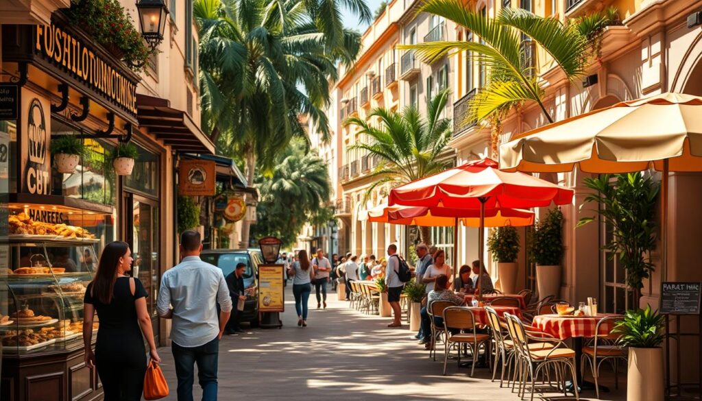 A vibrant street scene in a lively gastronomic neighborhood in Maringá, showcasing an array of charming restaurants and bakeries lining the sidewalks. In the foreground, a couple casually strolling, dressed in smart-casual attire, admiring the enticing window displays filled with artisanal pastries and gourmet dishes. The middle ground features a bustling café terrace with patrons enjoying their meals, shaded by colorful umbrellas, while waiters serve delicious dishes. In the background, picturesque architecture with tropical plants creates a warm atmosphere, illuminated by soft afternoon sunlight casting gentle shadows. The overall mood is inviting and vibrant, highlighting the culinary diversity and pedestrian-friendly nature of the area, perfect for exploring on foot. A vibrant street scene in a lively gastronomic neighborhood in Maringá, showcasing an array of charming restaurants and bakeries lining the sidewalks. In the foreground, a couple casually strolling, dressed in smart-casual attire, admiring the enticing window displays filled with artisanal pastries and gourmet dishes. The middle ground features a bustling café terrace with patrons enjoying their meals, shaded by colorful umbrellas, while waiters serve delicious dishes. In the background, picturesque architecture with tropical plants creates a warm atmosphere, illuminated by soft afternoon sunlight casting gentle shadows. The overall mood is inviting and vibrant, highlighting the culinary diversity and pedestrian-friendly nature of the area, perfect for exploring on foot.