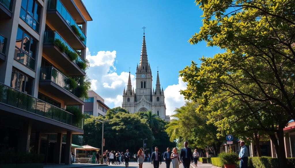 A vibrant, sunny day in Maringá, Brazil, showcasing the city's unique architecture and lush greenery. In the foreground, a modern residential building with balconies filled with plants, reflecting the local lifestyle. In the middle ground, a tree-lined street with people walking casually, dressed in professional attire, enjoying a sunny day. In the background, the iconic Maringá Cathedral towers into a clear blue sky, surrounded by fluffy white clouds. The sunlight casts warm golden tones over the scene, creating an inviting and warm atmosphere. The composition is captured at a slight angle, emphasizing depth and perspective, with natural lighting enhancing the vibrant colors of the city. A vibrant, sunny day in Maringá, Brazil, showcasing the city's unique architecture and lush greenery. In the foreground, a modern residential building with balconies filled with plants, reflecting the local lifestyle. In the middle ground, a tree-lined street with people walking casually, dressed in professional attire, enjoying a sunny day. In the background, the iconic Maringá Cathedral towers into a clear blue sky, surrounded by fluffy white clouds. The sunlight casts warm golden tones over the scene, creating an inviting and warm atmosphere. The composition is captured at a slight angle, emphasizing depth and perspective, with natural lighting enhancing the vibrant colors of the city.