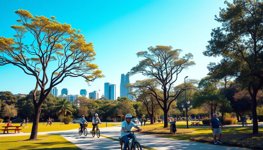 A vibrant sunny day in Parque Ingá, Maringá, showcasing its lush greenery and well-maintained paths ideal for cyclists and pedestrians. In the foreground, a tree-lined walkway with people riding bicycles and walking, dressed in casual attire, enjoying the outdoors. The middle ground features children playing, picnic areas, and blooming flowers adding color to the scene. In the background, modernist architecture of Maringá's cityscape is visible, framed by tall trees and a clear blue sky. Warm, natural lighting illuminates the park, creating a welcoming and cheerful atmosphere. The image captures the essence of urban planning, sustainability, and a community-friendly environment, emphasizing the importance of green spaces for a car-free lifestyle. A vibrant sunny day in Parque Ingá, Maringá, showcasing its lush greenery and well-maintained paths ideal for cyclists and pedestrians. In the foreground, a tree-lined walkway with people riding bicycles and walking, dressed in casual attire, enjoying the outdoors. The middle ground features children playing, picnic areas, and blooming flowers adding color to the scene. In the background, modernist architecture of Maringá's cityscape is visible, framed by tall trees and a clear blue sky. Warm, natural lighting illuminates the park, creating a welcoming and cheerful atmosphere. The image captures the essence of urban planning, sustainability, and a community-friendly environment, emphasizing the importance of green spaces for a car-free lifestyle.