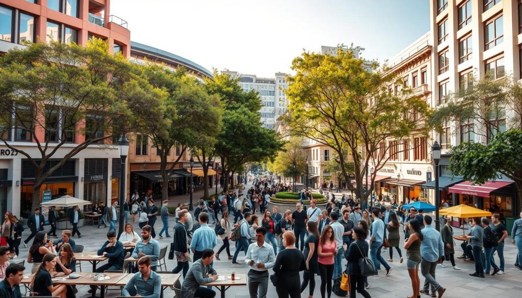 A vibrant urban landscape of Zona 07, the university district near UEM, showcasing a mix of modern and classic architecture. In the foreground, a plaza bustling with students dressed in smart casual attire, interacting and studying; some are seated at outdoor tables of a café. In the middle ground, leafy trees line the streets, with local shops and restaurants visible, creating an inviting atmosphere. The background features the university buildings, with students moving between them, and a clear sky above indicating a sunny day. Use warm, natural lighting to enhance the lively mood. Capture this scene with a wide-angle lens, emphasizing the dynamic energy of the area while ensuring the focus remains on the community vibe around UEM. A vibrant urban landscape of Zona 07, the university district near UEM, showcasing a mix of modern and classic architecture. In the foreground, a plaza bustling with students dressed in smart casual attire, interacting and studying; some are seated at outdoor tables of a café. In the middle ground, leafy trees line the streets, with local shops and restaurants visible, creating an inviting atmosphere. The background features the university buildings, with students moving between them, and a clear sky above indicating a sunny day. Use warm, natural lighting to enhance the lively mood. Capture this scene with a wide-angle lens, emphasizing the dynamic energy of the area while ensuring the focus remains on the community vibe around UEM.