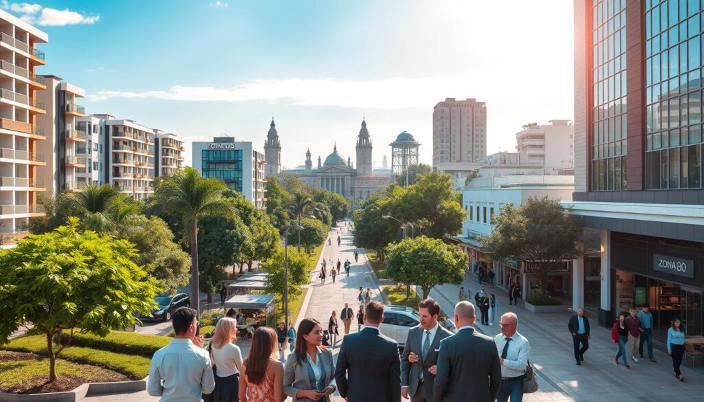 A vibrant urban landscape of Zona 08 in Maringá, showcasing a blend of modern residential and commercial buildings with lush green parks and tree-lined streets. In the foreground, a diverse group of professionals in business attire are engaged in conversation, illustrating a sense of community and investment potential. The middle ground features welcoming cafes and boutiques, with pedestrians strolling leisurely, suggesting a lively atmosphere. In the background, iconic architectural elements of Maringá can be seen under a clear blue sky, with soft sunlight illuminating the scene. The mood is optimistic and dynamic, reflecting growth and quality of life. Capture this moment from a slightly elevated angle, enhancing the depth and vibrancy of the urban environment. A vibrant urban landscape of Zona 08 in Maringá, showcasing a blend of modern residential and commercial buildings with lush green parks and tree-lined streets. In the foreground, a diverse group of professionals in business attire are engaged in conversation, illustrating a sense of community and investment potential. The middle ground features welcoming cafes and boutiques, with pedestrians strolling leisurely, suggesting a lively atmosphere. In the background, iconic architectural elements of Maringá can be seen under a clear blue sky, with soft sunlight illuminating the scene. The mood is optimistic and dynamic, reflecting growth and quality of life. Capture this moment from a slightly elevated angle, enhancing the depth and vibrancy of the urban environment.