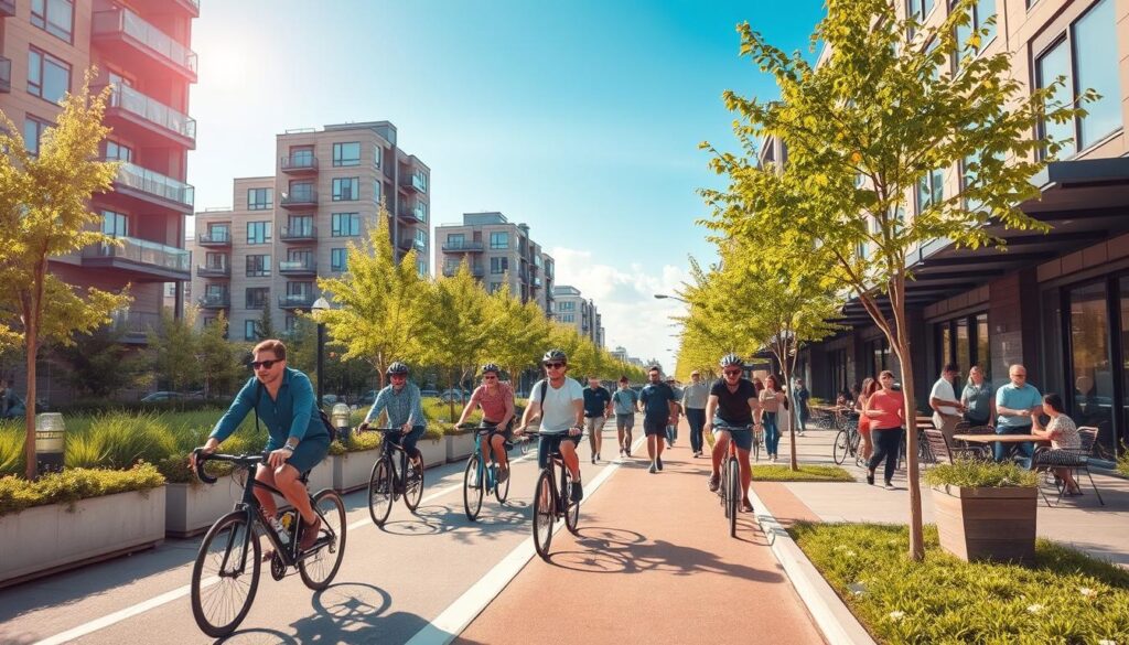 A vibrant urban landscape showcasing a bike-friendly neighborhood. In the foreground, cyclists in professional and casual attire ride along a well-designed bike lane lined with lush green trees and planters. The middle ground features pedestrians walking, engaged in conversations at outdoor cafes with greenery in the backdrop. In the background, modern apartment buildings with large windows reflect sunlight, while a blue sky creates an inviting atmosphere. Soft, warm lighting enhances the mood, giving the scene a lively and thriving vibe. The angle captures a wide view, emphasizing the harmonious coexistence of cycling, walking, and community life, symbolizing urban mobility and quality of life. A vibrant urban landscape showcasing a bike-friendly neighborhood. In the foreground, cyclists in professional and casual attire ride along a well-designed bike lane lined with lush green trees and planters. The middle ground features pedestrians walking, engaged in conversations at outdoor cafes with greenery in the backdrop. In the background, modern apartment buildings with large windows reflect sunlight, while a blue sky creates an inviting atmosphere. Soft, warm lighting enhances the mood, giving the scene a lively and thriving vibe. The angle captures a wide view, emphasizing the harmonious coexistence of cycling, walking, and community life, symbolizing urban mobility and quality of life.