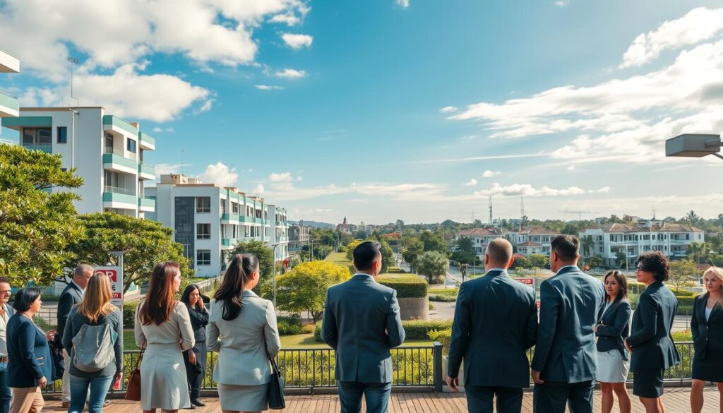 A vibrant urban landscape showcasing a bustling real estate market in Paiçandu. In the foreground, include a diverse group of professionals in business attire engaging in discussions and looking at property listings. The middle ground features modern residential buildings with "For Sale" signs. In the background, a beautifully clear sky enhances the scene, while trees and parks indicate a community-oriented environment. Capture the atmosphere of optimism and growth, with warm, natural lighting and a wide-angle view that conveys the expanse of the city. The image should radiate a sense of opportunity and investment potential, inviting viewers to imagine the thriving real estate market in this area. A vibrant urban landscape showcasing a bustling real estate market in Paiçandu. In the foreground, include a diverse group of professionals in business attire engaging in discussions and looking at property listings. The middle ground features modern residential buildings with "For Sale" signs. In the background, a beautifully clear sky enhances the scene, while trees and parks indicate a community-oriented environment. Capture the atmosphere of optimism and growth, with warm, natural lighting and a wide-angle view that conveys the expanse of the city. The image should radiate a sense of opportunity and investment potential, inviting viewers to imagine the thriving real estate market in this area.